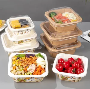 Wholesale Disposable Octangle Food Grade Takeout Container Food Packaging Lunch Box Square White/Kraft Paper Bowl with Lid