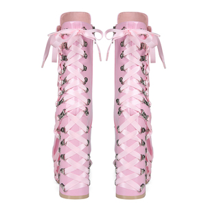 รองเท้าบูทข้อเท้าผู้หญิงไซส์ใหญ่ 47 หัวเข็มขัดโลหะ ทรงกว้าง ส้นหนาสูง รองเท้าพื้นแพลตฟอร์ม หนังแก้ว แบบผูกเชือกข้อเท้าสั้น - Product Image 3