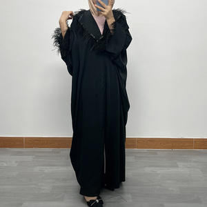 Dubai American <strong>UK</strong> O Man New Arrival <strong>Black</strong> Color Fabric Loose Size Feather Decoration Neck Cuff New Arrival Women <strong>Abaya</strong> - Product Image 4
