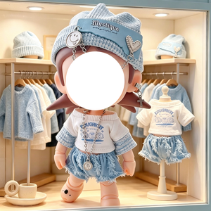 Conjunto de Ropa para Muñeca de 20 cm, Sombrero con Cadena Azul + Camiseta Azul y Blanca con Diseño de Dibujos Animados, Versión Q, Conjunto Negro - Product Image 1