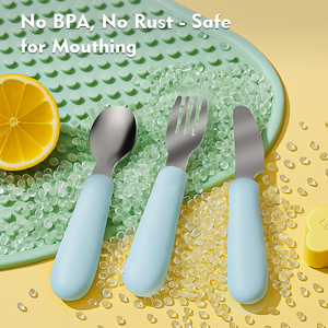 Juego de cucharas y tenedores de silicona duraderos respetuosos con el medio ambiente para bebés, juego de comedor de acero inoxidable para niños con mango de silicona, venta al por mayor - Product Image 6