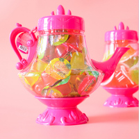 Minicrush Gelée de fruits assortis en pot théière rose pour filles, en plastique transparent, emballée en mini-gobelet