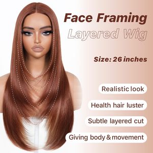 Perruques Lace Front Cooper Blond sans colle, pré-épilées, pré-coupées, pour débutantes, <span class=keywords><strong>avec</strong></span> <span class=keywords><strong>frange</strong></span>, longues, dégradées, lisses, 26 pouces, mèches roux vifs - Product Image 3