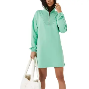 Fashion Wholesale Ladies Long Sleeve High Neck Cotton Tall Green Rib Half Zip Sweatshirt Dress For Women