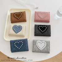 Portefeuille triple pliant pour femme en laiton, style cœur, rétro, tendance coréenne, porte-cartes multifonctionnel
