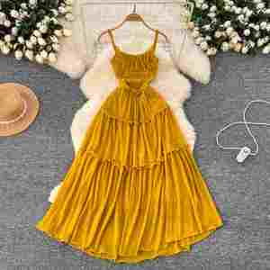 Robe midi plissée vintage d'été pour femme, coupe classique, en tissu écologique, imprimé numérique, jaune dentelle - Product Image 1