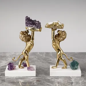 Luxury Home Decor Desktop Accessories Copper Animal Natural Purple Agate Stone Table Ornaments Sculpture