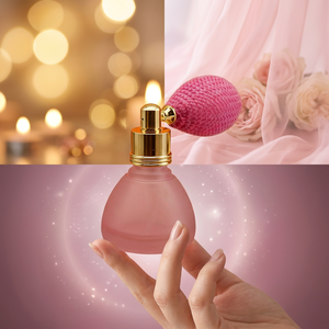 Frosted Glass Perfume <b>Bottle</b> 6ml Round Matte Finish with Gold Sprayer and <b>Pink</b> Knitted Airbag - Product Image 5
