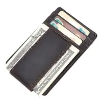 Ücretsiz örnek özel Logo inek deri RFID engelleme kahverengi mıknatıs hakiki deri manyetik ön cep para klip cüzdan