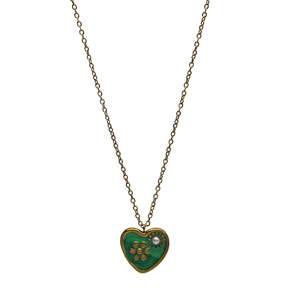 Collier pendentif cœur fin, motif fleur émaillée verte, chaîne plaquée or, acier inoxydable 316L, bijoux durables - Product Image 1
