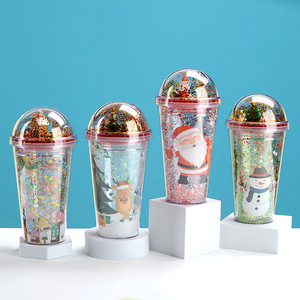 Zhen Ai Christmas Water Bottle Double Layer Plastic Straw Cup Reusable Glitter Design Gift Cup For Holiday Presents - Product Image 1