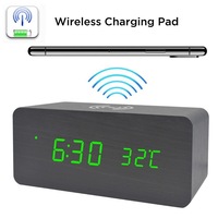 Draadloos opladen LED-klok Creatieve elektronische houten wekker Glow-in-the-Dark Spraakgestuurde thermometer Slaapkamer Kantoor