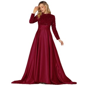 Robe de soirée longue à manches longues et col haut en sequins dorés, robe de soirée formelle pour femmes, jupe en satin longue, tenue élégante pour banquet - Product Image 5