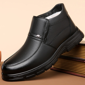 Bottes d'hiver pour hommes en cuir de vachette noir, doublées de polaire, bout rond, semelle épaisse, chaussures pour adultes - Product Image 1
