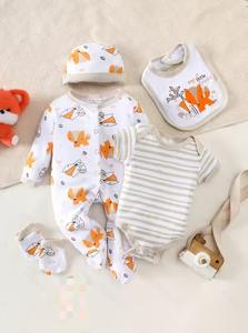 Детский хлопковый комбинезон-пижама с длинным рукавом и милым принтом, пять предметов, ODM, весна-лето, для новорожденных - Product Image 2