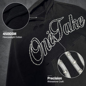 Sweat à capuche noir pour homme, 100% coton épais, délavé vintage, déchiré, orné de strass étincelants, coupe oversize, style streetwear Y2K Hip Hop - Product Image 6
