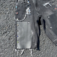 Shorts en jean délavé style streetwear YSJY, coupe ample, avec patch en cuir vieilli, ourlet brut vintage et strass en cristal pour homme