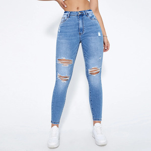 Fabricant de pantalons en denim certifiés OEKO-<span class=keywords><strong>TEX</strong></span> ISO3758 REACH, couleur personnalisée, <span class=keywords><strong>jeans</strong></span> déchirés pour femmes, coupe crayon, streetwear - Product Image 5