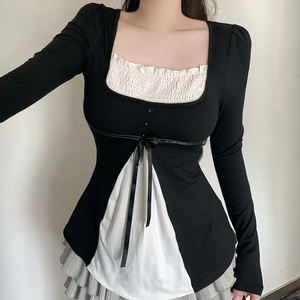 T-shirt moulant à manches longues Sweet Girl, col carré, patchwork noir et blanc, tricot confortable pour superposition - Product Image 1