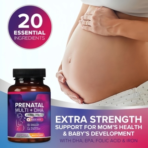 Vitaminas Prenatales de Marca Propia con Ácido Fólico y Omega 3 DHA, Multivitamínico Diario para el <span class=keywords><strong>Embarazo</strong></span> Sin OMG, 60 Cápsulas Blandas - Product Image 6