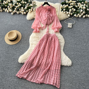 Traje de Dos Piezas para Mujer, <span class=keywords><strong>Blusa</strong></span> de Gasa <span class=keywords><strong>con</strong></span> Estampado Floral 3D de Manga <span class=keywords><strong>Larga</strong></span> + Conjunto de <span class=keywords><strong>Falda</strong></span> de Lunares de Cintura Alta - Elegante Vestido de Dos Piezas para Mujer - Product Image 3