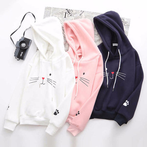 Cat Print Hooded Sweatshirt Women Long Sleeve Thick Warm Cartoon Knitted Pullover Female Student Style White - Product Image 2