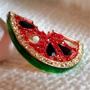 Gold Plated Watermelon Sliced Cubic Zirconia Brooch or Pendant Red Fruit Lapel Pins Women 2024 Summer Accessories Watermelon Pin