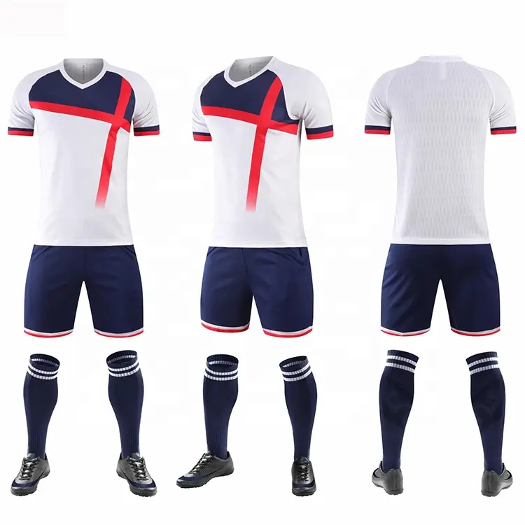 Conjunto de uniforme de fútbol blanco, azul y rojo, kits de fútbol de la mejor calidad, precio barato, camiseta y pantalones cortos con logotipo personalizado impreso para jugador