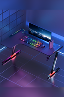 Bureau de jeu PC ergonomique AOR ESPORTS moderne avec structure en métal et surface en bois, éclairage RGB, texture fibre de carbone, grade P2