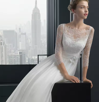 NDB11021 Nouvelle Robe de Mariée Longue en Chiffon avec Traîne, Manches Longues en Dentelle Française, pour Demoiselle d'honneur et Femme