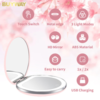Round Compact LED Pocket Makeup Mirror, USB Rechargeable 1X/2X Magnifying Touch 3 Brightness Dimmable Travel Cosmetic Mirror