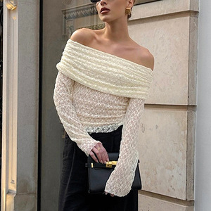Nuova Maglietta Donna Primaverile in Stile Francese, Elegante e Sexy, con Spalle Scoperte, <span class=keywords><strong>Maniche</strong></span> <span class=keywords><strong>Lunghe</strong></span>, Aderente, in Maglia Jacquard e <span class=keywords><strong>Pizzo</strong></span> - Product Image 2