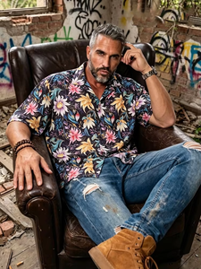 Camicia Hawaiana Casual Retrò con Colletto Cubano, Taglia Grande, Manica Corta, in Poliestere Lavato, Stile Gangsta, Motivo Floreale Colorato, Unisex - Product Image 4