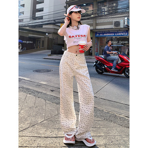 2025 primavera otoño Retro Blanco estampado Floral cintura alta Pantalones rectos de mujer nuevos pantalones de pierna ancha sueltos de nicho de calle alta - Product Image 4