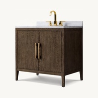 Lavabo en céramique simple personnalisé Meuble-lavabo de salle de bain en bois massif de chêne brun Comptoir de quartz et dosseret avec poignée en bronze satiné