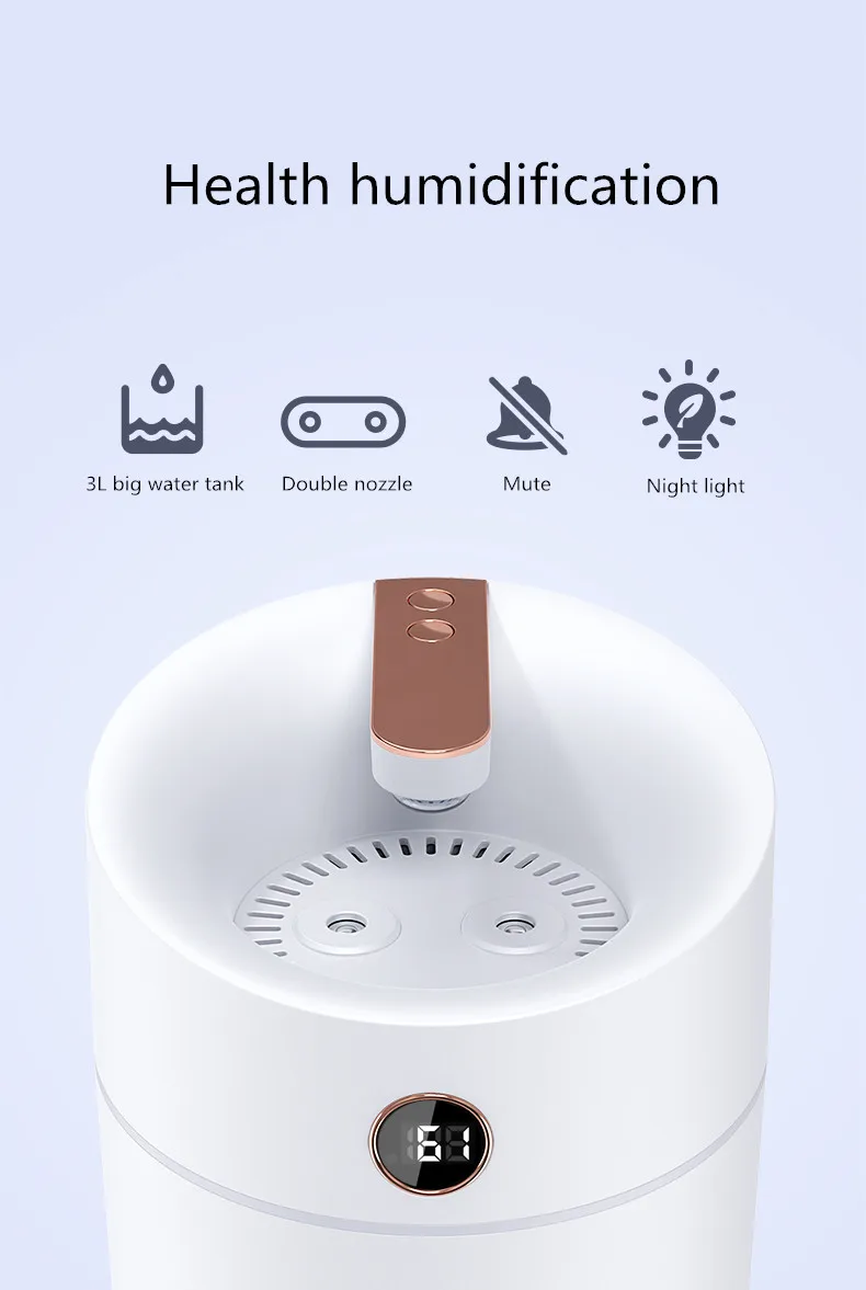 Manufacturer OEM color light dual mist large room office anti-dry 3000ml 2.5l 2l 4 liter mist humidifier with humidity screen