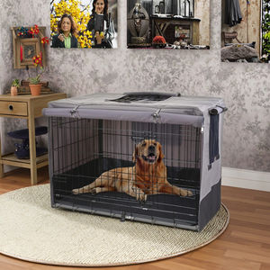 Perrera de lujo para perros de doble puerta, impermeable, patrón sólido, transpirable, plegable, cubierta de caja con cierre de cinturón, bandeja de plástico, paleta - Product Image 1