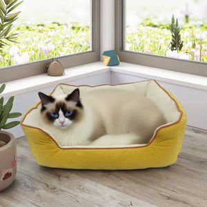 Alle Seizoenen Eco-Vriendelijke Opvouwbare Semi-Gesloten Kat <span class=keywords><strong>Bed</strong></span> Grot Moderne Gestreepte Corduroy Huisdier Kooi Kleine Middelgrote Katten Honden Goud - Product Image 2