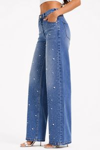Jeans da Donna a Vita Alta e Gamba Larga con Ricami di Paillettes, Lunghezza Intera, Blu Stonewashed - Product Image 2