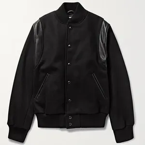 Custom Men Button Up Black Leather Sleeve Baseball Jackets Men Plus Size Bomber Jacket Varsity Jackets