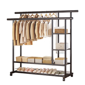 Perchero Metálico Multifuncional de Doble Barra con Estantes de Almacenamiento Gruesos para Dormitorio o Balcón, Estante Vertical de Piso - Product Image 1