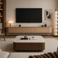 Meuble TV mural flottant à coins arrondis en placage de chêne, 3 tiroirs, sans éclairage LED, console de rangement murale pour salon