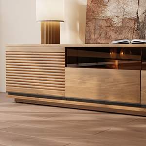 طاولة تلفزيون خشبية عصرية من AJUNION بتصميم مضلع، وحدة ترفيه لغرفة المعيشة، كونسول تلفزيون بلون الجوز من MDF مع إضاءة LED - Product Image 4