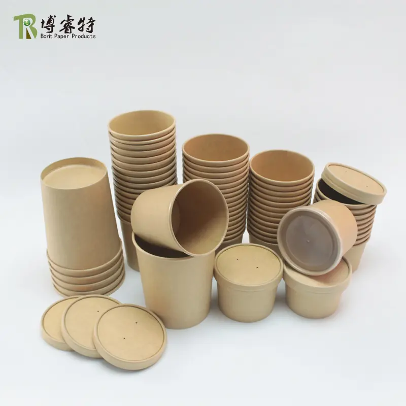Biodegradable Disposable Poly-coated Soup Cup Takeout Takeaway Waterproof Kraft Paper Food Containers For Packing