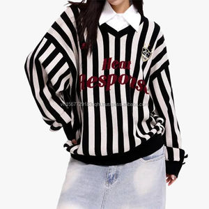 Suéter de Punto a Rayas Casual para Mujer, Cuello en V, Estilo Jersey, Deportivo, Otoño Invierno, Suave y Holgado - Product Image 6