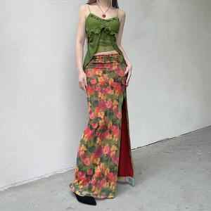 Falda Maxi Vintage con Estampado Floral de Pintura al Óleo para Mujer, de Cintura Baja, con Contraste de Color, Abertura Alta y Ajuste Delgado, Falda de Diseño Llamativo - Product Image 2