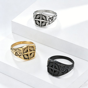 Nordic Retro Punk Style Pirate Compass <b>Ring</b> <b>For</b> <b>Men</b> Stainless Steel Gold Black Cross Design Jewelry Gift - Product Image 1