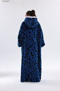 Heat Lock Sherpa Lining Bright Blue Leopard Flannel Outer Warm Hoodie Blanket Loungewear for Bedroom Nightwear - Product Image 3