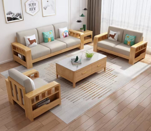 Juego <span class=keywords><strong>de</strong></span> Sofás <span class=keywords><strong>de</strong></span> Madera para Sala <span class=keywords><strong>de</strong></span> Estar Moderna con Reposabrazos Acolchados para Reuniones Familiares Acogedoras - Product Image 2