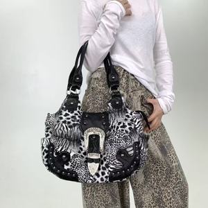 Street Spicy Girl Leopard Print <strong>Patchwork</strong> Tote <strong>Bag</strong> with Multiple Pockets and Rivets, Vintage Crossbody Handbag, Antique <strong>Bag</strong> - Product Image 3